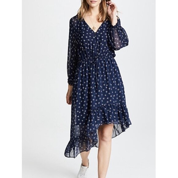 - JOIE Dark Navy Blue Alithea Floral Asymmetrical Silk Midi Dress Size Sma… - Picture 4 of 6